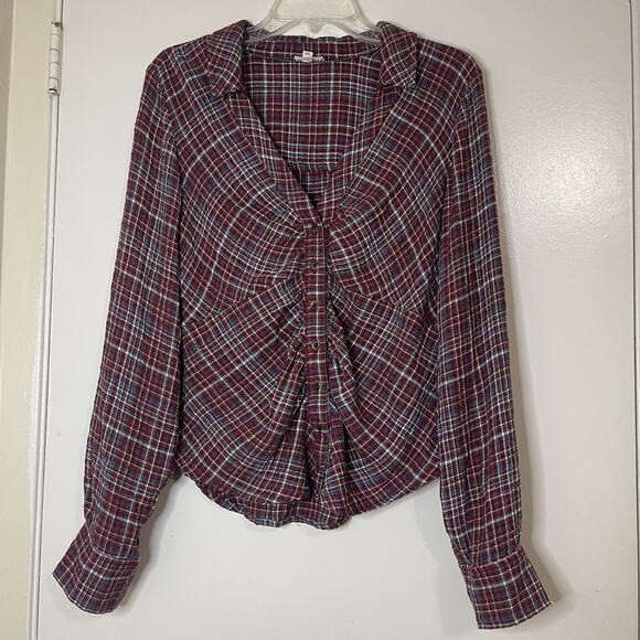 ANTHROPOLOGIE Pilcro Red plaid collared ruched button down long sleeve shirt SML - Picture 2 of 7